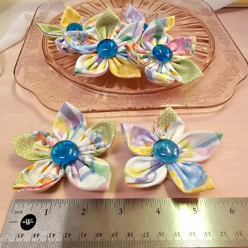 6pc Joyful Garden Fabric Flower Set, Bright & Colorful Pastels, Blue Centers